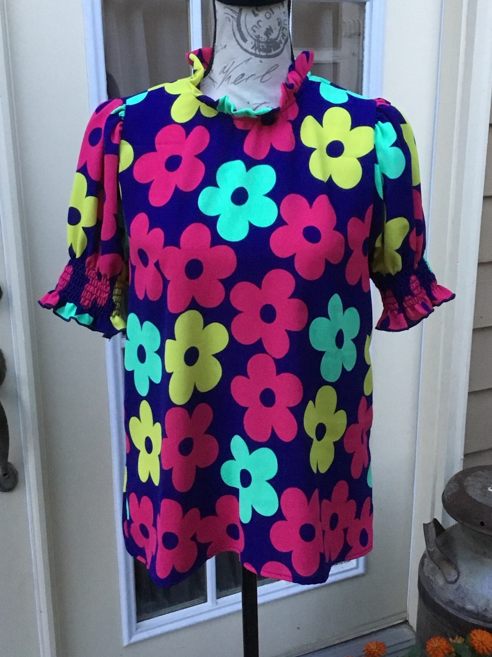 Haptics Women’s Floral Ruffle Neck Blouse - Bright Multi